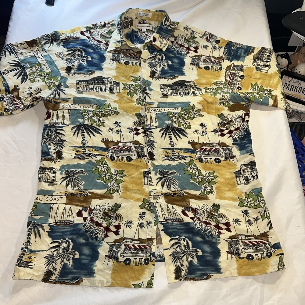 Pierre Cardin Shirt Men'sโ Large Rayon Beach Tropical Food Truck 80 Vintage342
